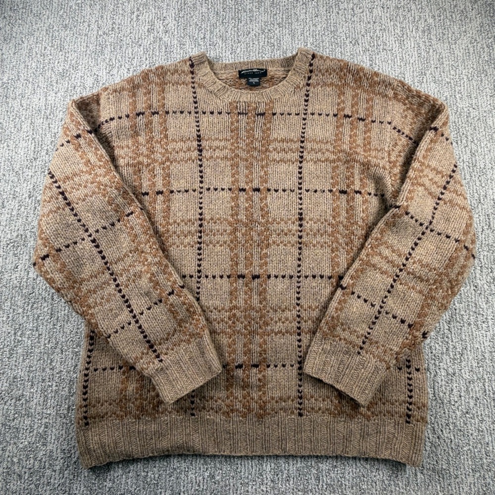 Eddie Bauer Sweater Men XL Tan Plaid 100% Lambswool Crewneck Heavy Knit 0781